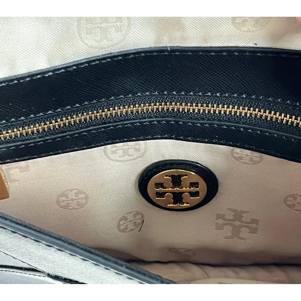 Tory Burch Black Saffiano Leather Envelope Clutch Gold Chain Purse Bag